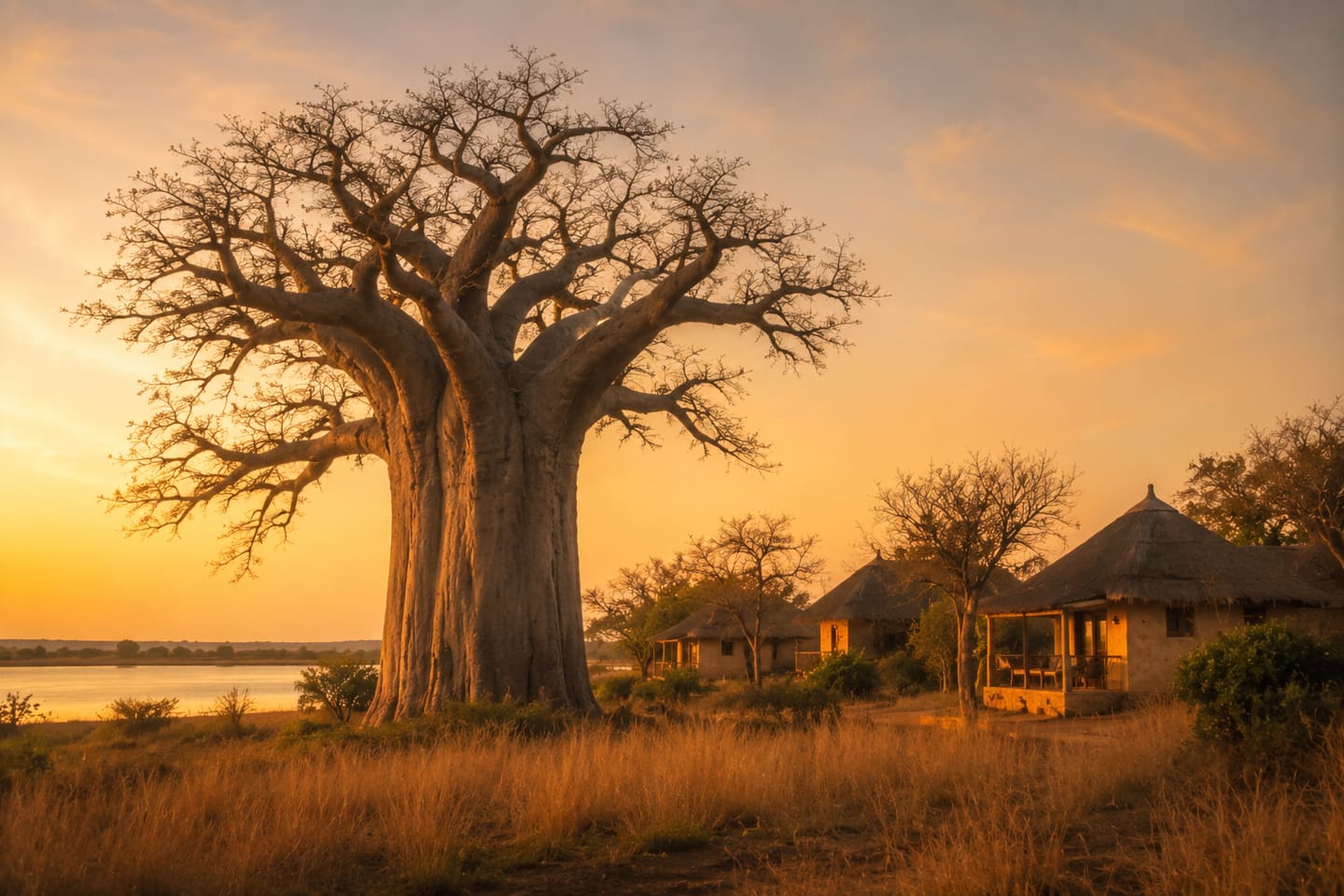 Le baobab centenaire du lodge, silhouette sur le ciel du soir devant les cases en paillote.