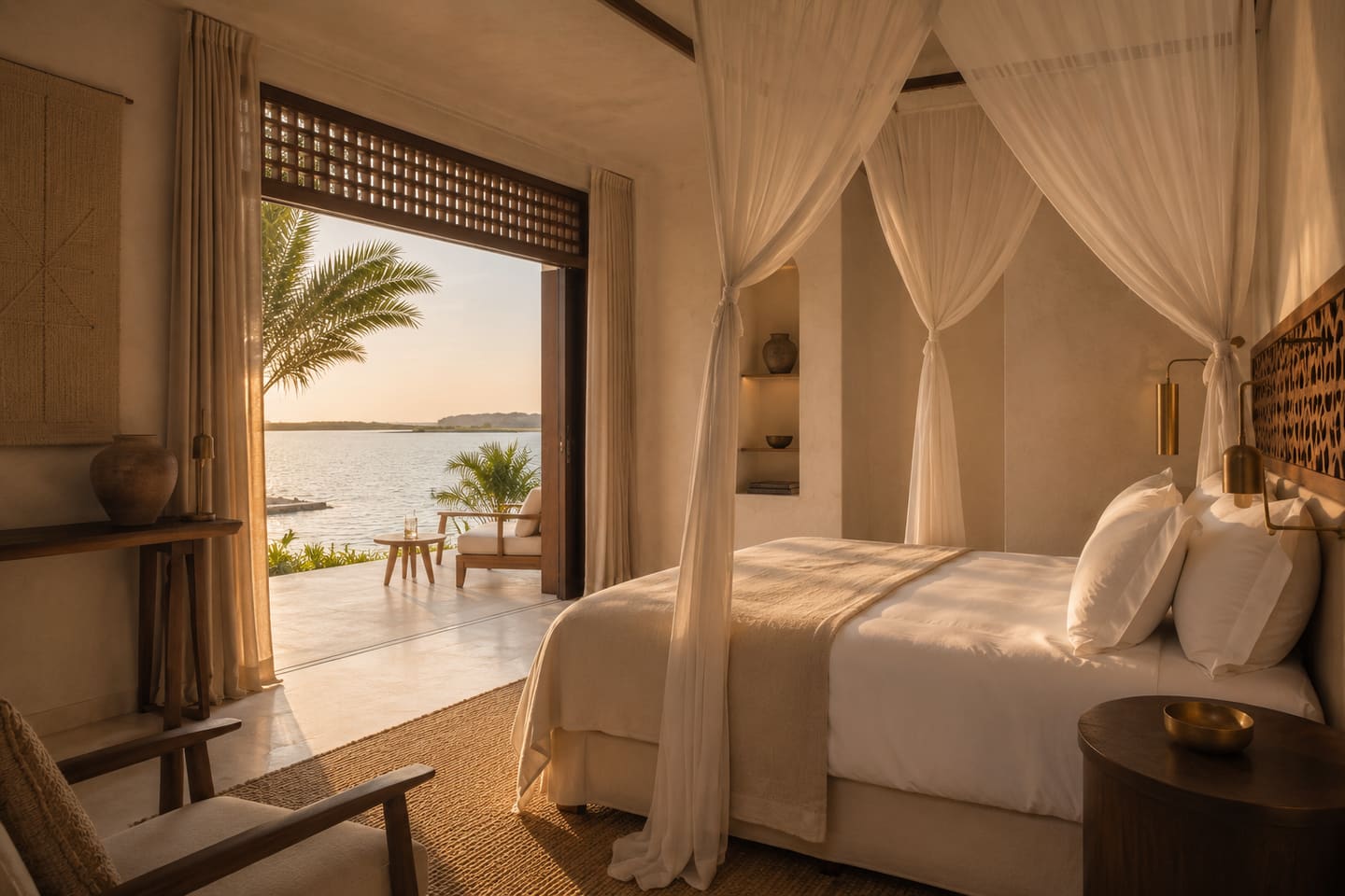 Chambre Deluxe, lit à baldaquin ouvert sur la vue lagune depuis la terrasse.