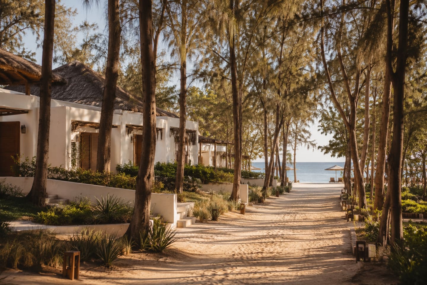 Allée de sable bordée de filaos entre les bungalows et la plage, lumière du matin.